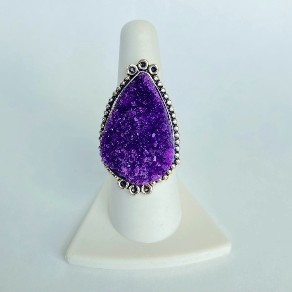 Purple Amethyst Druzy & 925 Silver Ring Sz 7.5 Pear Shape